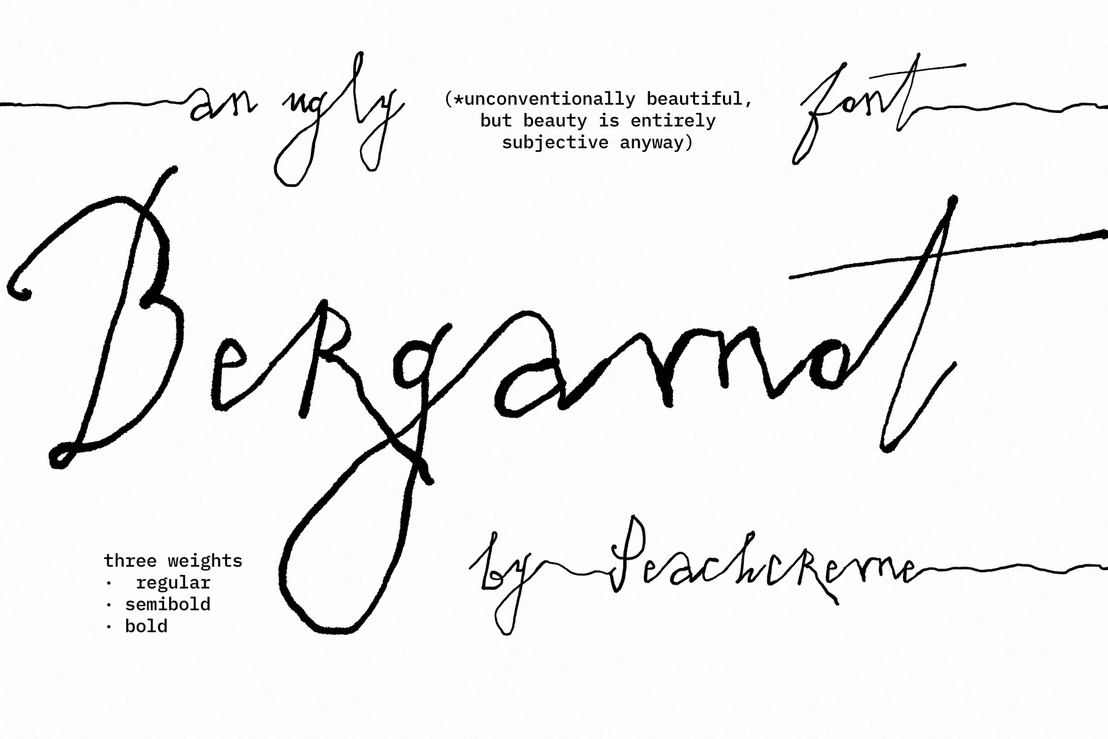 Bergamot expressive script font by PeachCreme - hero wordmark specimen in three weights