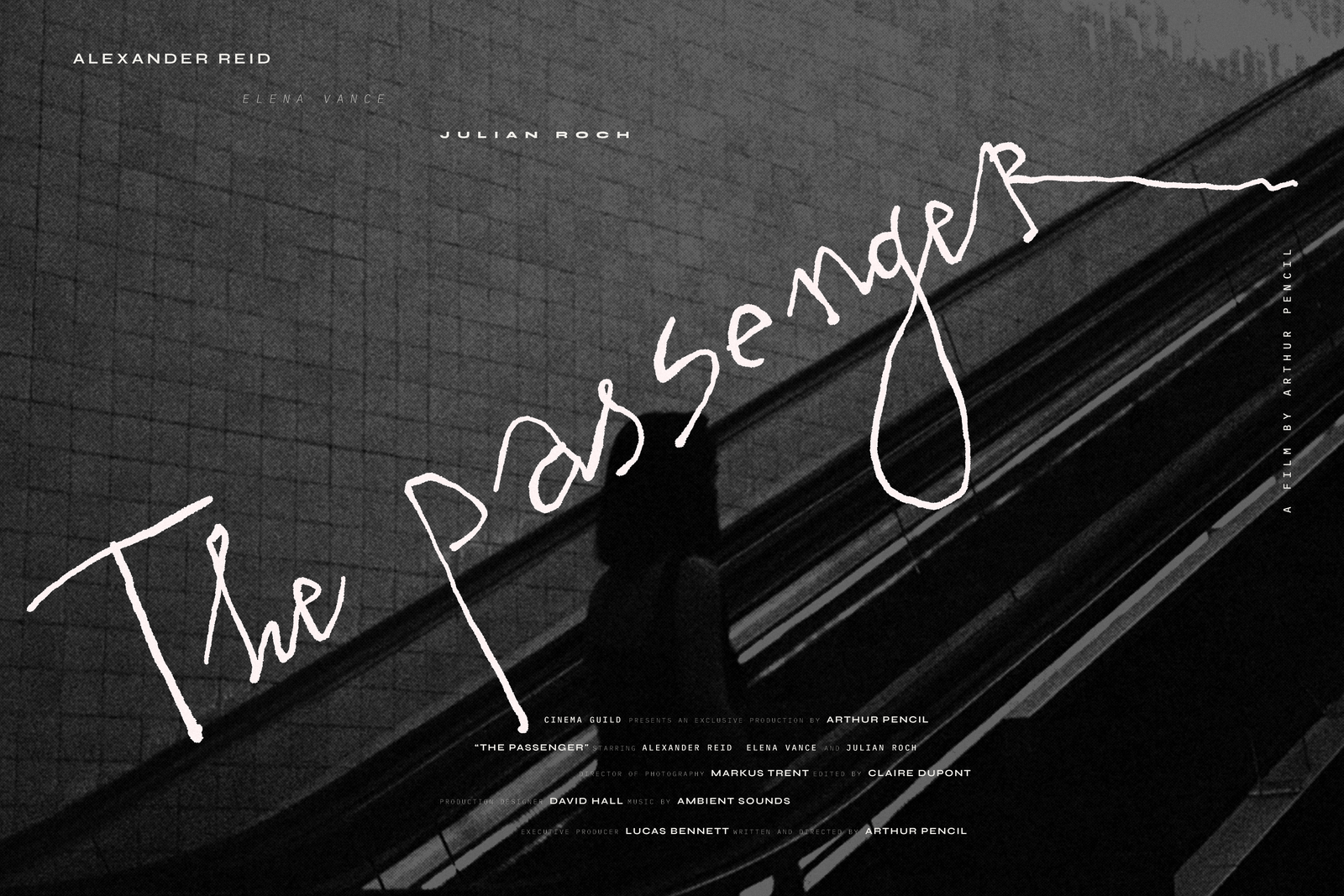 Bergamot script font used as film title The Passenger over a moody escalator photograph