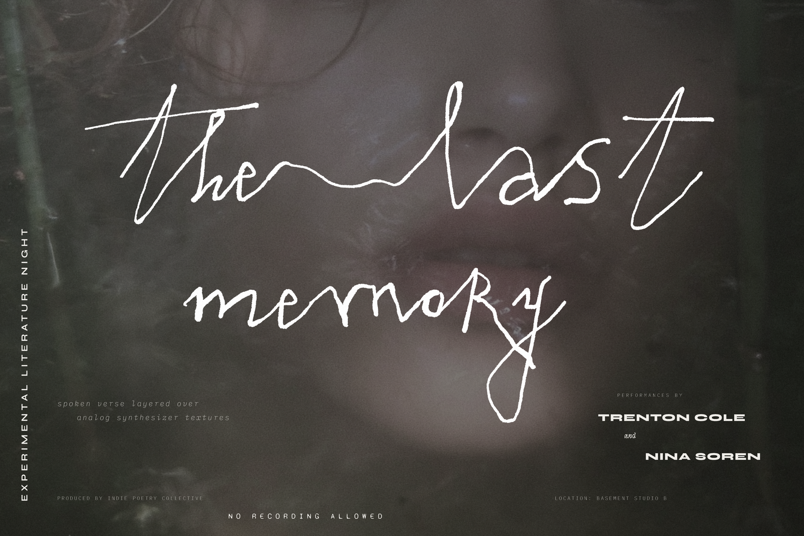 Bergamot font on an experimental film poster - the last memory, Experimental Literature Night
