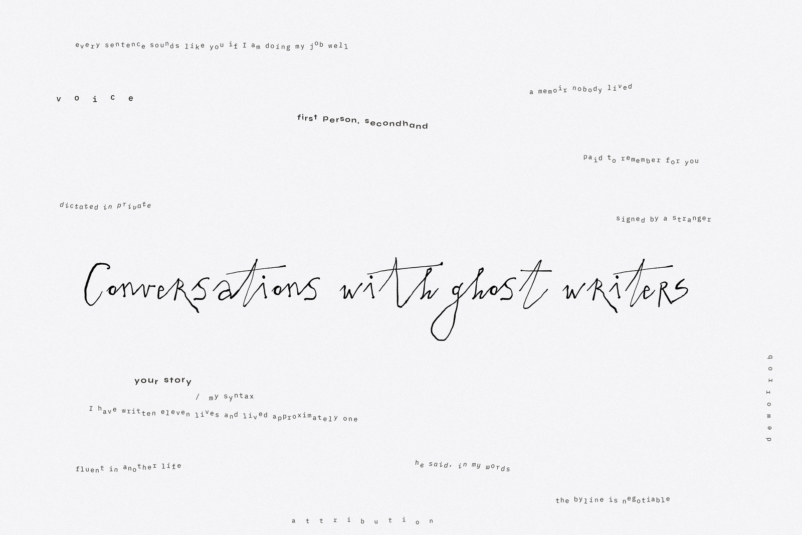 Bergamot script in an editorial magazine spread - Conversations with ghost writers