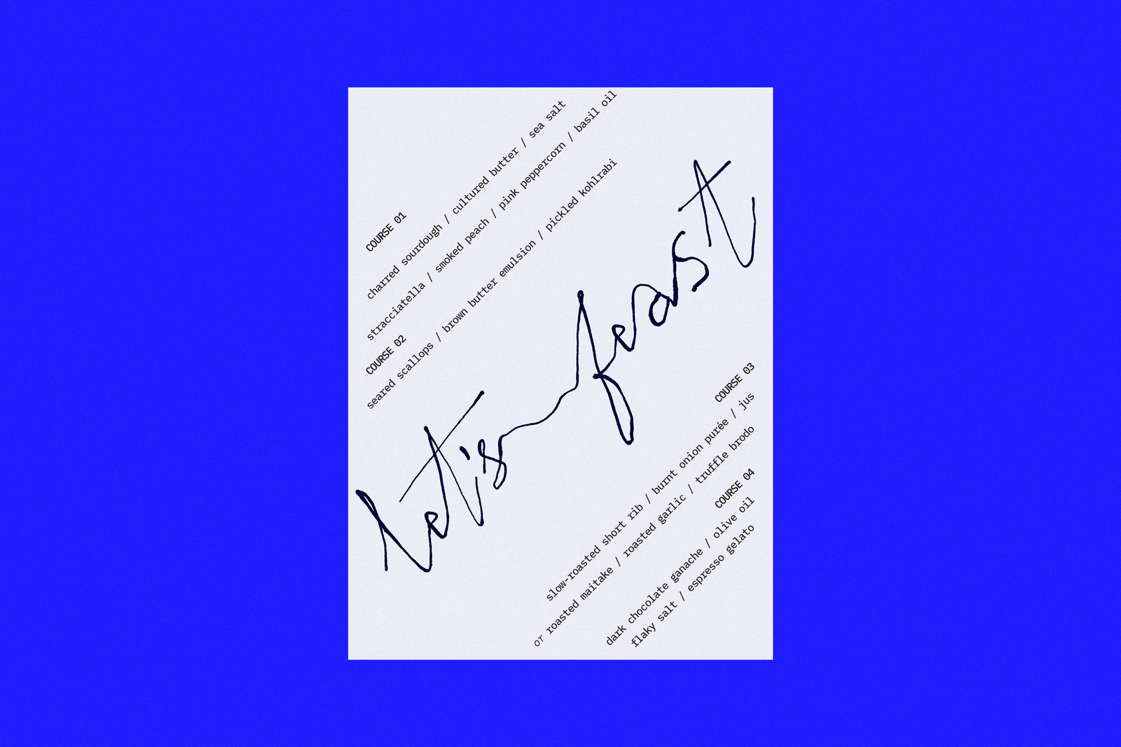 Bergamot font menu poster on electric blue background - Nel's feast