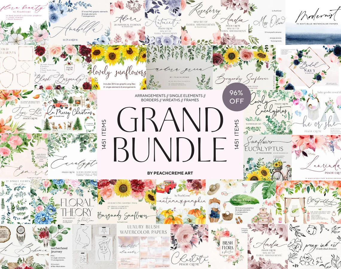Grand Bundle - Watercolor Bundle - Watercolor Set - Digital watercolor bundle - Graphic Bundle - Arrangements - Single Elements - Borders
