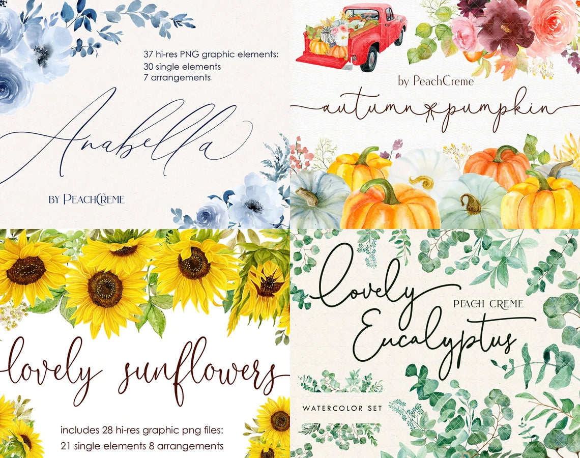 Grand Bundle - Watercolor Bundle - Watercolor Set - Digital watercolor bundle - Graphic Bundle - Arrangements - Single Elements - Borders