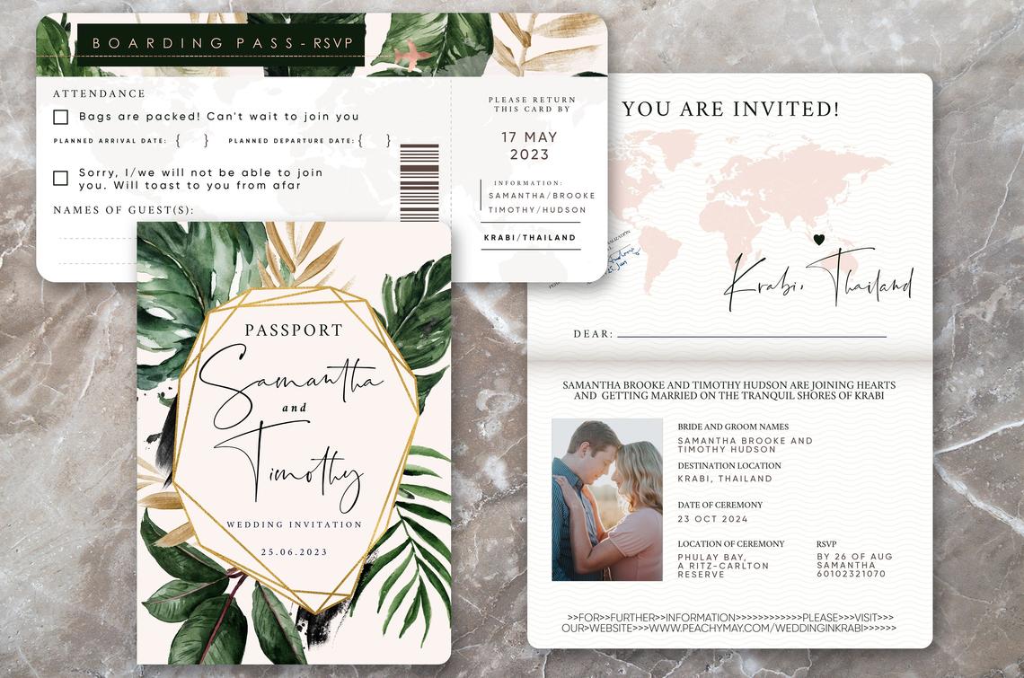 Tropical Passport Wedding Invitation Template Suite