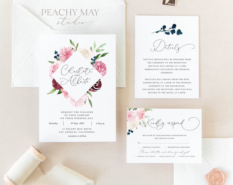 Blush Berry Floral Wedding Invitation Template
