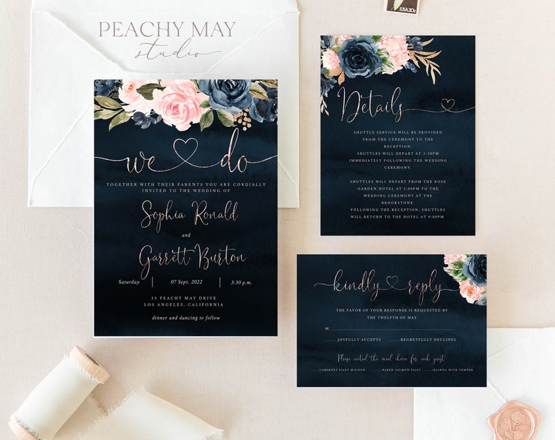 Faux Rose Gold Wedding Invitation Template A019