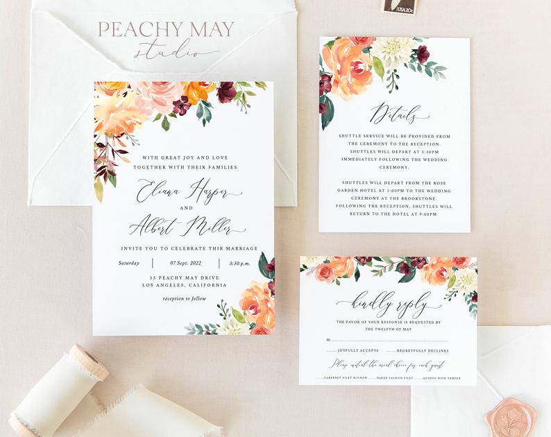 Peony Floral Wedding Invitation Template 028
