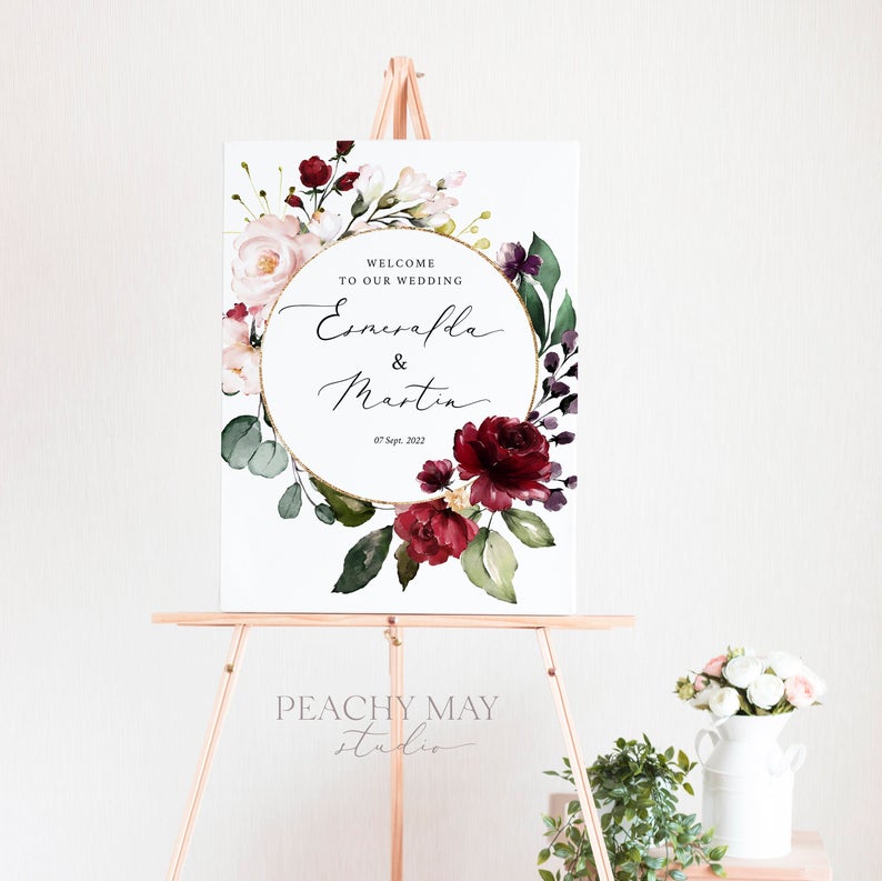  Editable Burgundy Floral Wedding Welcome Sign